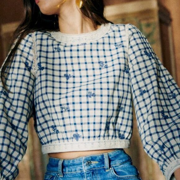 Sezane Thalyna Blouse Blue Floral Embroidery on Vichy Fabric - Picture 3 of 10